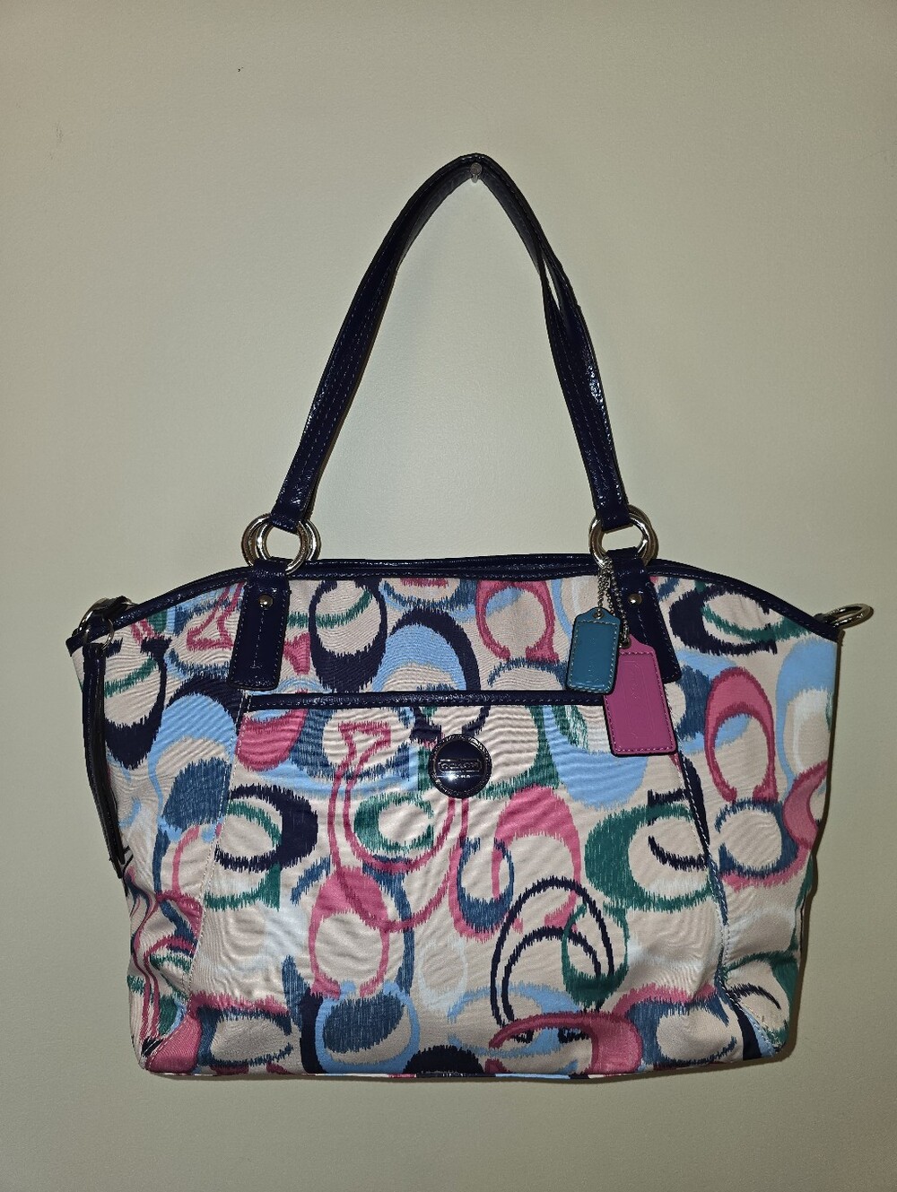 COACH F24444 Multicolor Nylon Shoulder Bag Tote Navy Patent Leather Straps *Read